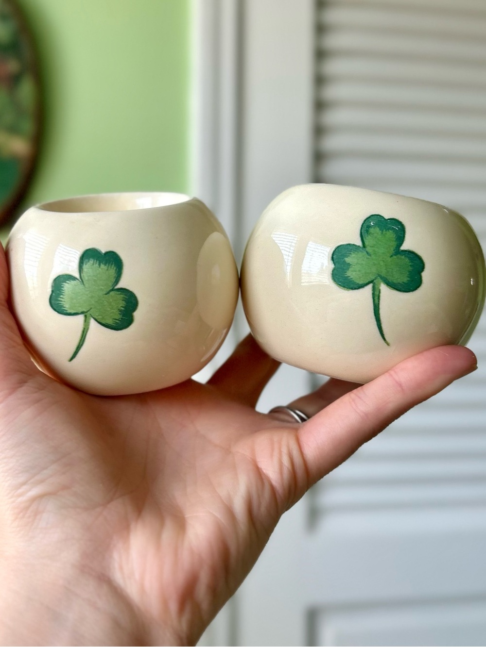 Vintage Cream & Green Shamrock Ceramic Irish Candle Tealight Holder Set of 2